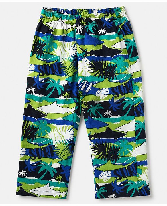 Babyhug 100% Cotton Knit Full Sleeves Co-Ords Shirt & Pyjama Night Suit with Shark & Tropical Theme Print - Navy Blue