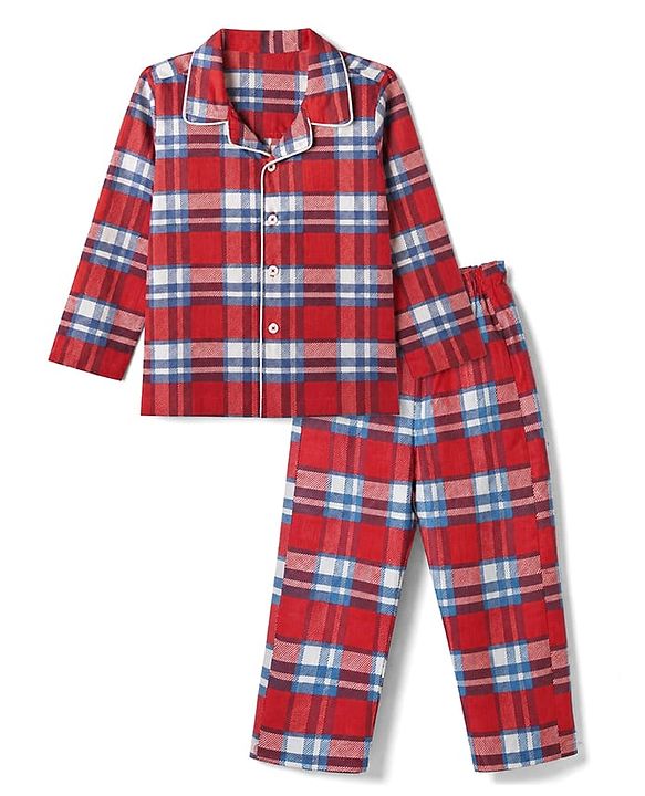 Babyhug Cotton Knit Full Sleeves Front Open Co-ord Shirt & Pyjama Night Suit with Checked in Red