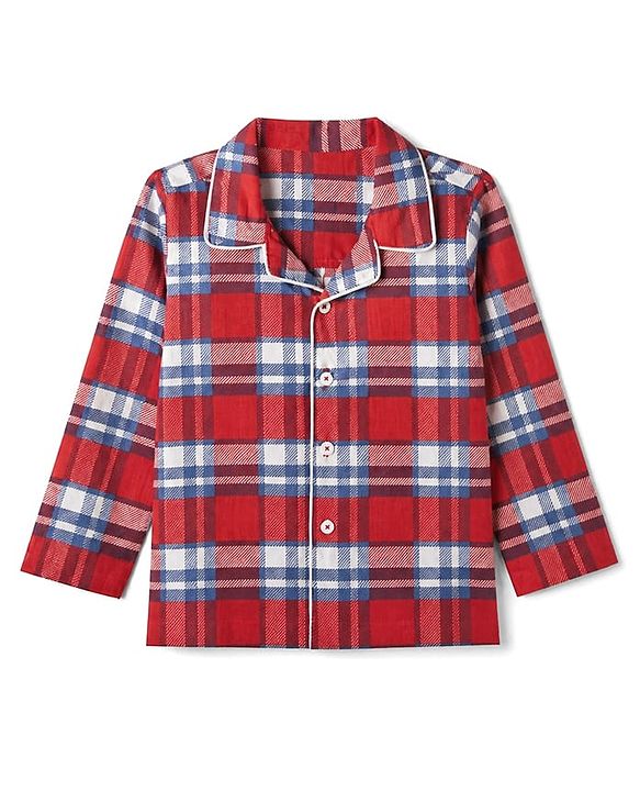 Babyhug Cotton Knit Full Sleeves Front Open Co-ord Shirt & Pyjama Night Suit with Checked in Red