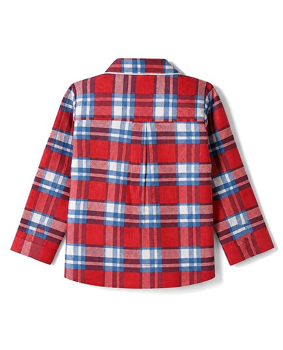 Babyhug Cotton Knit Full Sleeves Front Open Co-ord Shirt & Pyjama Night Suit with Checked in Red
