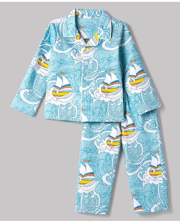 Babyhug 100% Cotton Knit Full Sleeves Co-Ords Shirt & Pyjama Night Suit with Ship & Sea Print - Sky Blue
