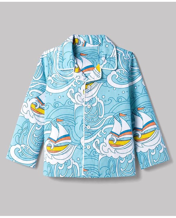 Babyhug 100% Cotton Knit Full Sleeves Co-Ords Shirt & Pyjama Night Suit with Ship & Sea Print - Sky Blue
