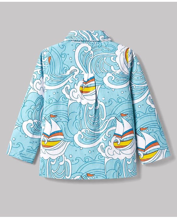 Babyhug 100% Cotton Knit Full Sleeves Co-Ords Shirt & Pyjama Night Suit with Ship & Sea Print - Sky Blue