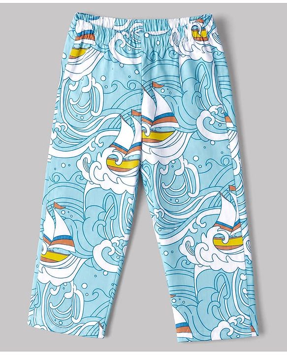 Babyhug 100% Cotton Knit Full Sleeves Co-Ords Shirt & Pyjama Night Suit with Ship & Sea Print - Sky Blue