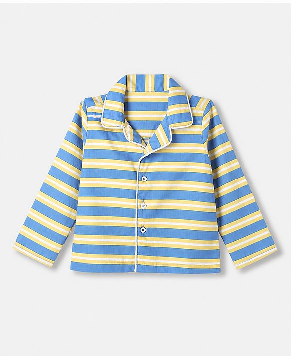 Babyhug Cotton Knit Full Sleeves Co-Ords Striped Shirt & Pyjama Night Suit - Blue