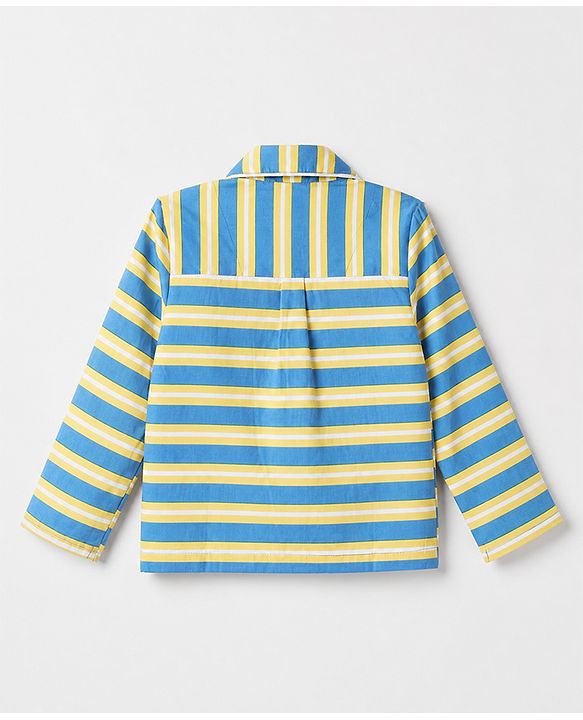 Babyhug Cotton Knit Full Sleeves Co-Ords Striped Shirt & Pyjama Night Suit - Blue