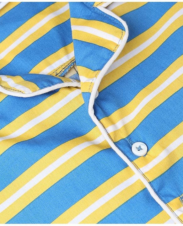 Babyhug Cotton Knit Full Sleeves Co-Ords Striped Shirt & Pyjama Night Suit - Blue