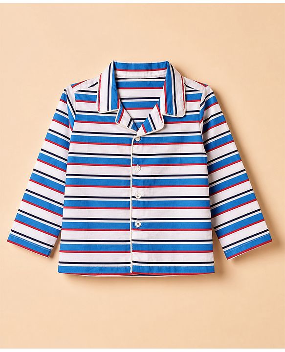 Babyhug Cotton Knit Full Sleeves Front Open Co-ords Striped Pyjama Night Suit Set - Blue
