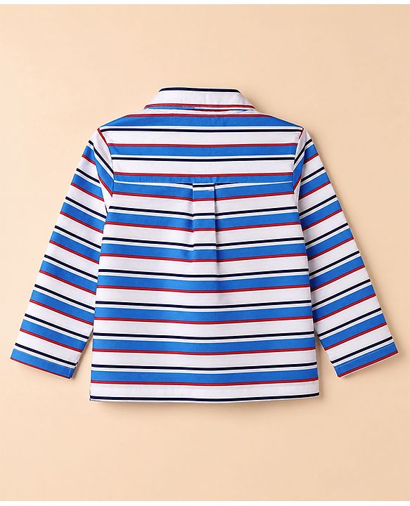 Babyhug Cotton Knit Full Sleeves Front Open Co-ords Striped Pyjama Night Suit Set - Blue