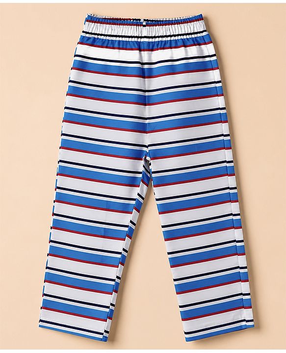 Babyhug Cotton Knit Full Sleeves Front Open Co-ords Striped Pyjama Night Suit Set - Blue