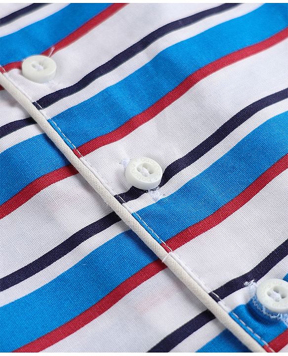 Babyhug Cotton Knit Full Sleeves Front Open Co-ords Striped Pyjama Night Suit Set - Blue