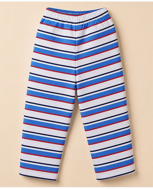 Babyhug Cotton Knit Full Sleeves Front Open Co-ords Striped Pyjama Night Suit Set - Blue