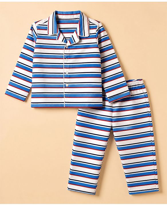 Babyhug Cotton Knit Full Sleeves Front Open Co-ords Striped Pyjama Night Suit Set - Blue
