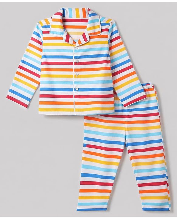 Babyhug Cotton Knit Front Open Woven Full Sleeves Co-ord Shirt & Pajama Night Suit with Stripes - Yellow