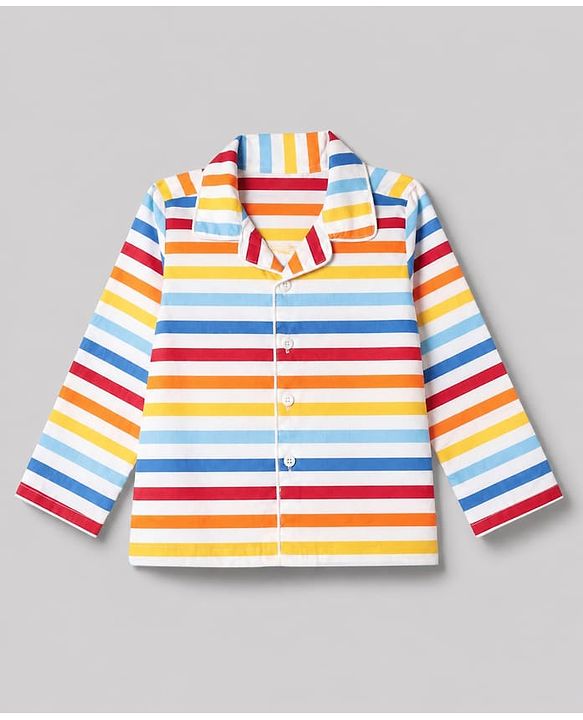 Babyhug Cotton Knit Front Open Woven Full Sleeves Co-ord Shirt & Pajama Night Suit with Stripes - Yellow