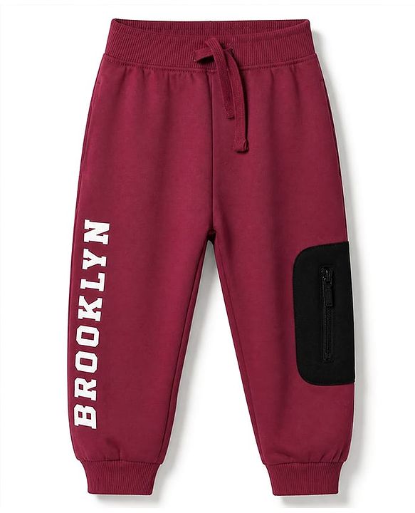 Babyhug Cotton Knit Full Length Jogger Fit Track Pant with Full Length and Brooklyn Print in Red