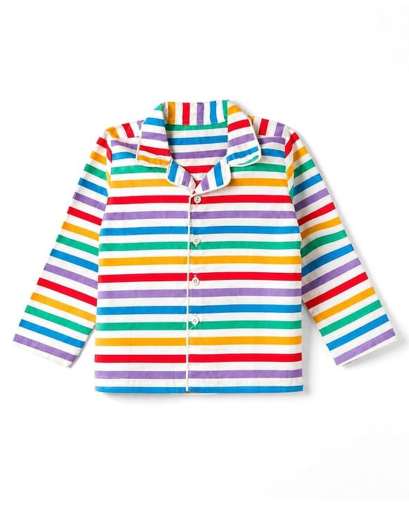 Babyhug Cotton Knit Full Sleeves Front Open Shirt Pyjama Co-ord Nightsuit With Stripes - Blue