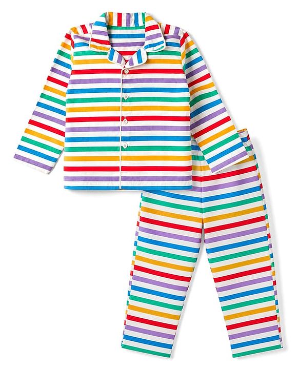 Babyhug Cotton Knit Full Sleeves Front Open Shirt Pyjama Co-ord Nightsuit With Stripes - Blue