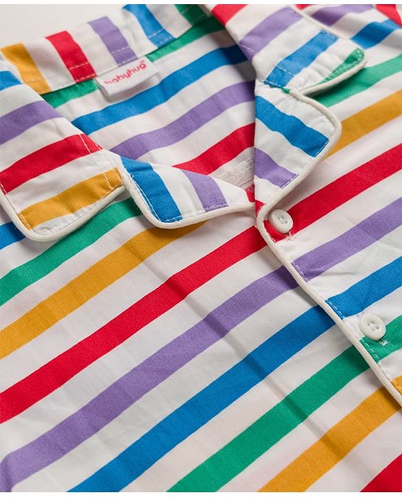Babyhug Cotton Knit Full Sleeves Front Open Shirt Pyjama Co-ord Nightsuit With Stripes - Blue