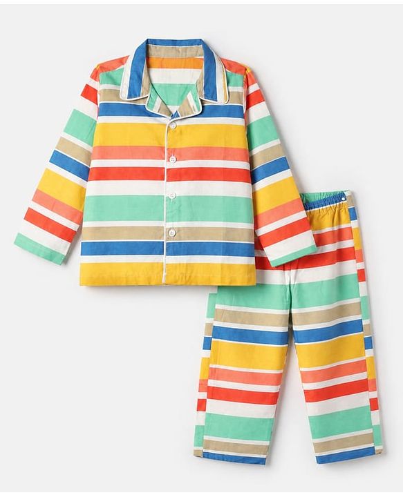 Babyhug Cotton Knit Front Open Full Sleeves Co-ord Shirt & Pajama Night Suit with Stripes - Yellow