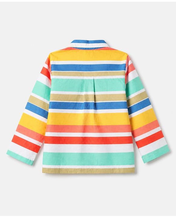 Babyhug Cotton Knit Front Open Full Sleeves Co-ord Shirt & Pajama Night Suit with Stripes - Yellow