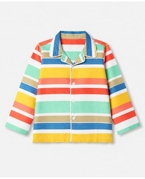 Babyhug Cotton Knit Front Open Full Sleeves Co-ord Shirt & Pajama Night Suit with Stripes - Yellow