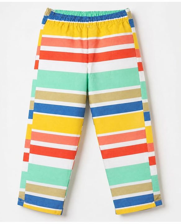 Babyhug Cotton Knit Front Open Full Sleeves Co-ord Shirt & Pajama Night Suit with Stripes - Yellow