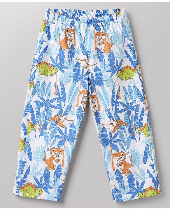 Babyhug Cotton Knit Full Sleeves Front Open Shirt & Pyjama Co-Ords Night Suit With Animal Print - Light Blue