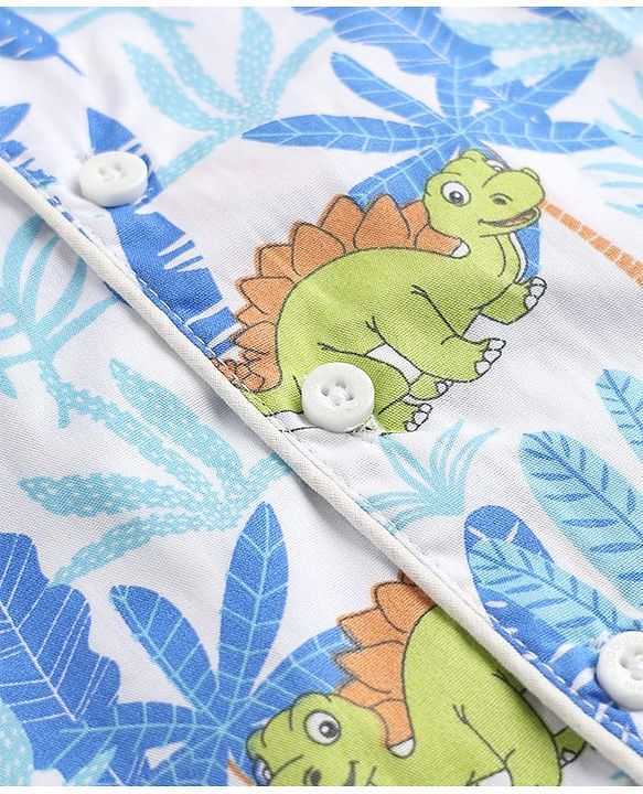 Babyhug Cotton Knit Full Sleeves Front Open Shirt & Pyjama Co-Ords Night Suit With Animal Print - Light Blue