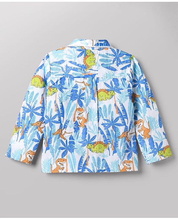 Babyhug Cotton Knit Full Sleeves Front Open Shirt & Pyjama Co-Ords Night Suit With Animal Print - Light Blue