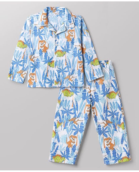 Babyhug Cotton Knit Full Sleeves Front Open Shirt & Pyjama Co-Ords Night Suit With Animal Print - Light Blue