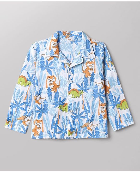 Babyhug Cotton Knit Full Sleeves Front Open Shirt & Pyjama Co-Ords Night Suit With Animal Print - Light Blue