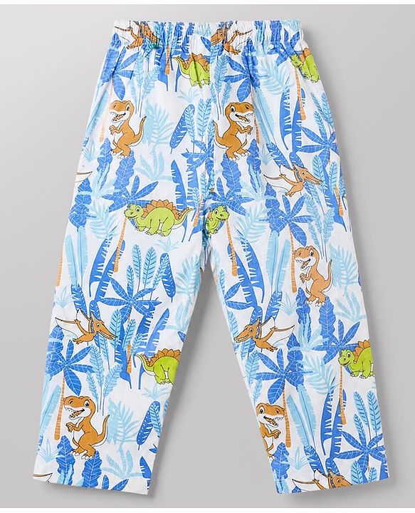 Babyhug Cotton Knit Full Sleeves Front Open Shirt & Pyjama Co-Ords Night Suit With Animal Print - Light Blue