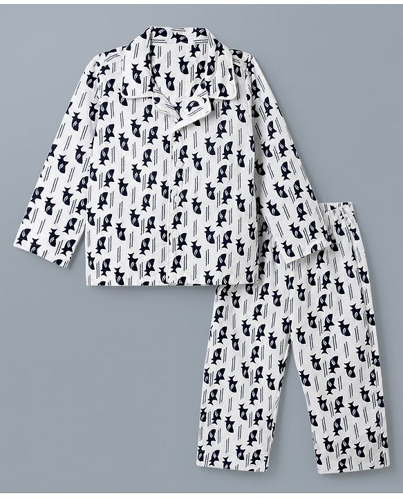 Babyhug 100% Cotton Knit Full Sleeves Co-Ords Shirt & Pyjama Night Suit with Shark Print - White