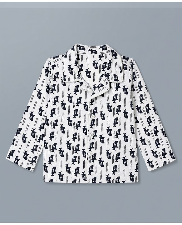 Babyhug 100% Cotton Knit Full Sleeves Co-Ords Shirt & Pyjama Night Suit with Shark Print - White