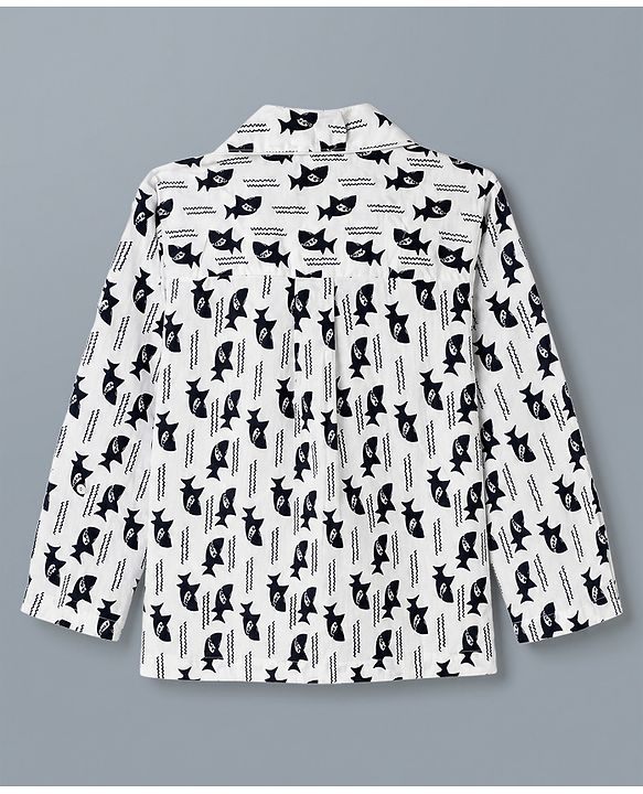 Babyhug 100% Cotton Knit Full Sleeves Co-Ords Shirt & Pyjama Night Suit with Shark Print - White