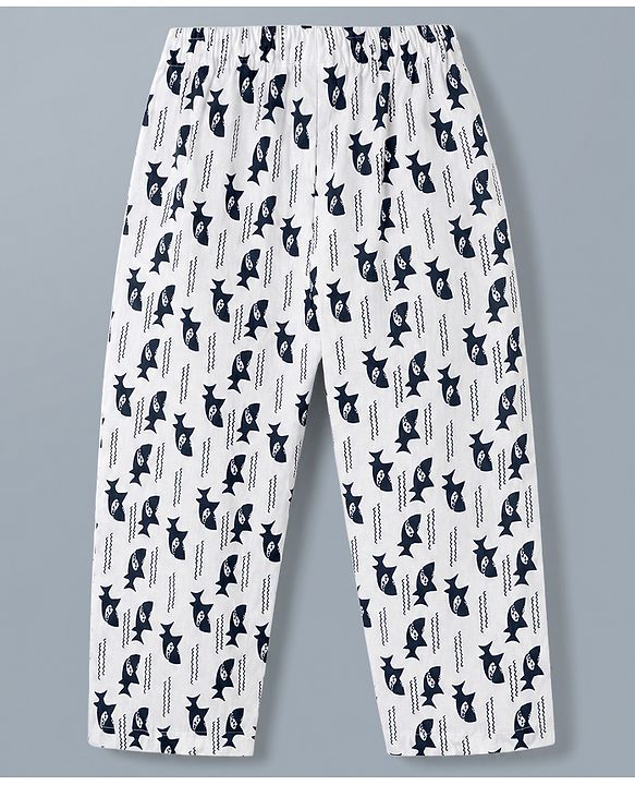 Babyhug 100% Cotton Knit Full Sleeves Co-Ords Shirt & Pyjama Night Suit with Shark Print - White