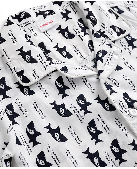 Babyhug 100% Cotton Knit Full Sleeves Co-Ords Shirt & Pyjama Night Suit with Shark Print - White