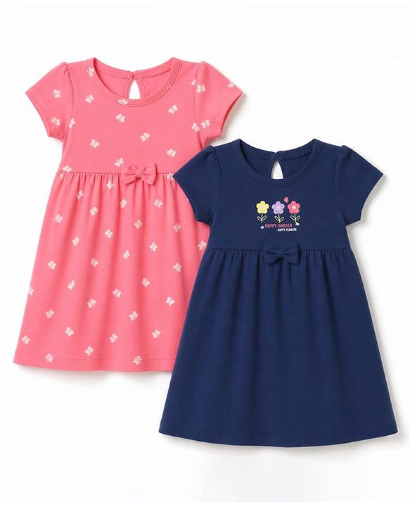 Babyhug Single Jersey Knit Half Sleeves Frocks with Butterfly & Floral Print Pack of 2 - Navy Blue & Pink