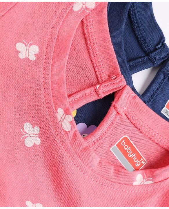 Babyhug Single Jersey Knit Half Sleeves Frocks with Butterfly & Floral Print Pack of 2 - Navy Blue & Pink