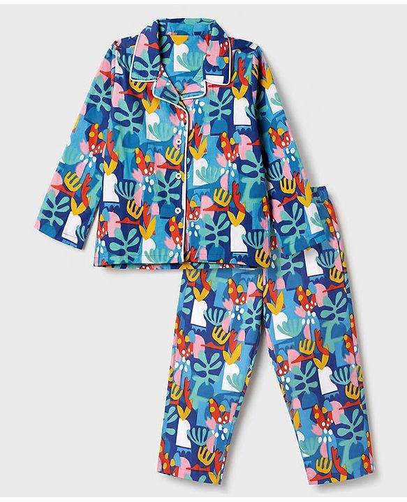 Babyhug 100% Cotton Knit Full Sleeves Co-Ords Shirt & Pyjama Night Suit with Abstract Print - Blue