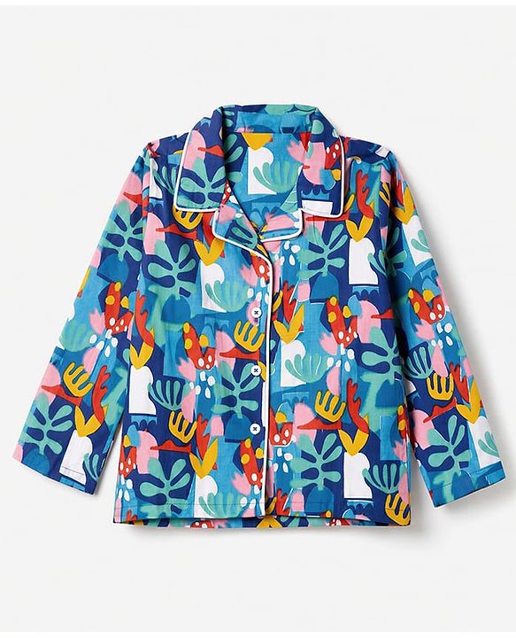 Babyhug 100% Cotton Knit Full Sleeves Co-Ords Shirt & Pyjama Night Suit with Abstract Print - Blue