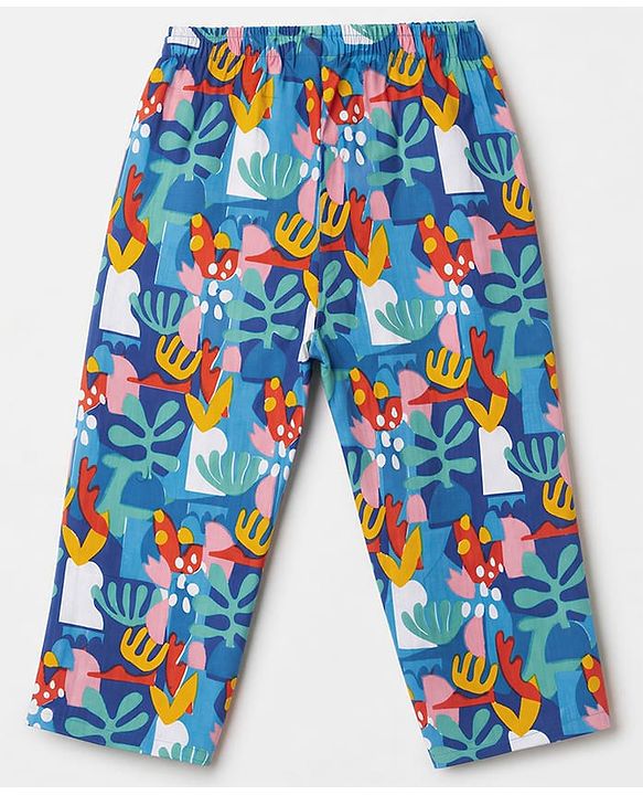 Babyhug 100% Cotton Knit Full Sleeves Co-Ords Shirt & Pyjama Night Suit with Abstract Print - Blue