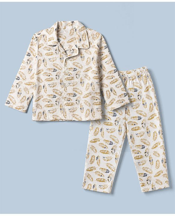 Babyhug Cotton Full Sleeves Front Open Knit Co-ord Shirt & Pajama Night Suit with Leaf Print - White
