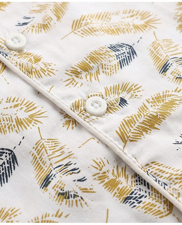 Babyhug Cotton Full Sleeves Front Open Knit Co-ord Shirt & Pajama Night Suit with Leaf Print - White
