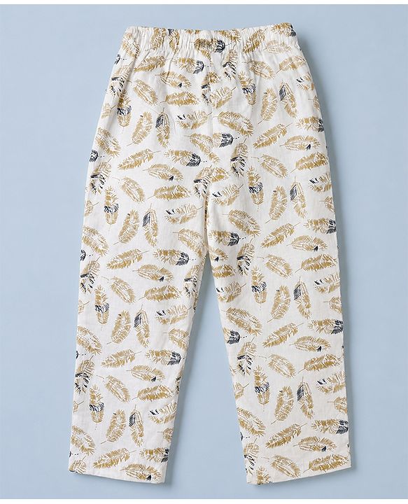 Babyhug Cotton Full Sleeves Front Open Knit Co-ord Shirt & Pajama Night Suit with Leaf Print - White