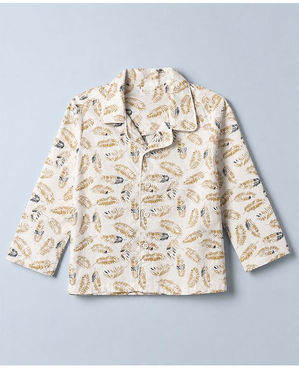 Babyhug Cotton Full Sleeves Front Open Knit Co-ord Shirt & Pajama Night Suit with Leaf Print - White