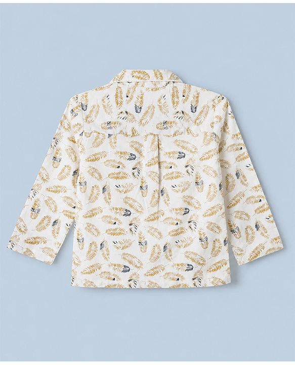 Babyhug Cotton Full Sleeves Front Open Knit Co-ord Shirt & Pajama Night Suit with Leaf Print - White