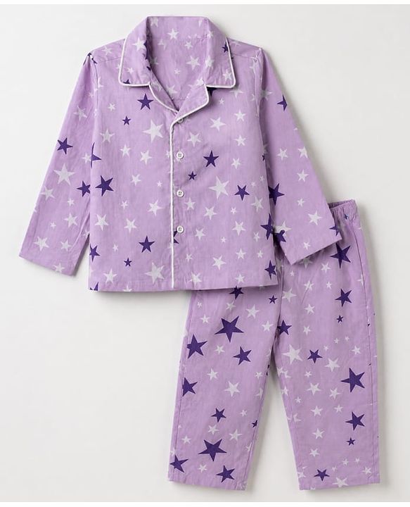 Babyhug Cotton Woven Full Sleeves Front Open Co-ord Shirt & Pyjama Night Suit with Stars Print - Lavender