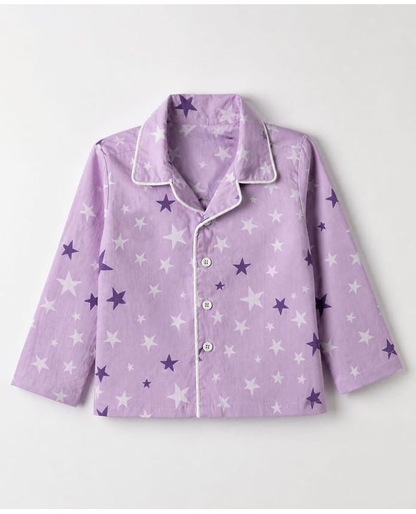 Babyhug Cotton Woven Full Sleeves Front Open Co-ord Shirt & Pyjama Night Suit with Stars Print - Lavender